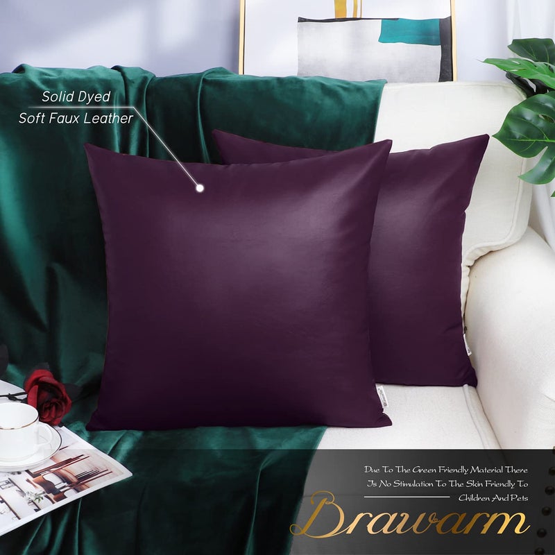 BRAWARM Faux Leather Throw Pillow Covers 20 X 20 Inches - Purple Leather Pilow Covers Pack of 2, Solid Dyed Leather Pillowcases for Couch Bed Sofa Garden Home Decorative - Image 2